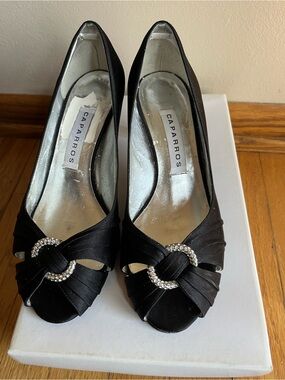 Caparros Black Satin Peep-Toe Heels with Crystal Buckle